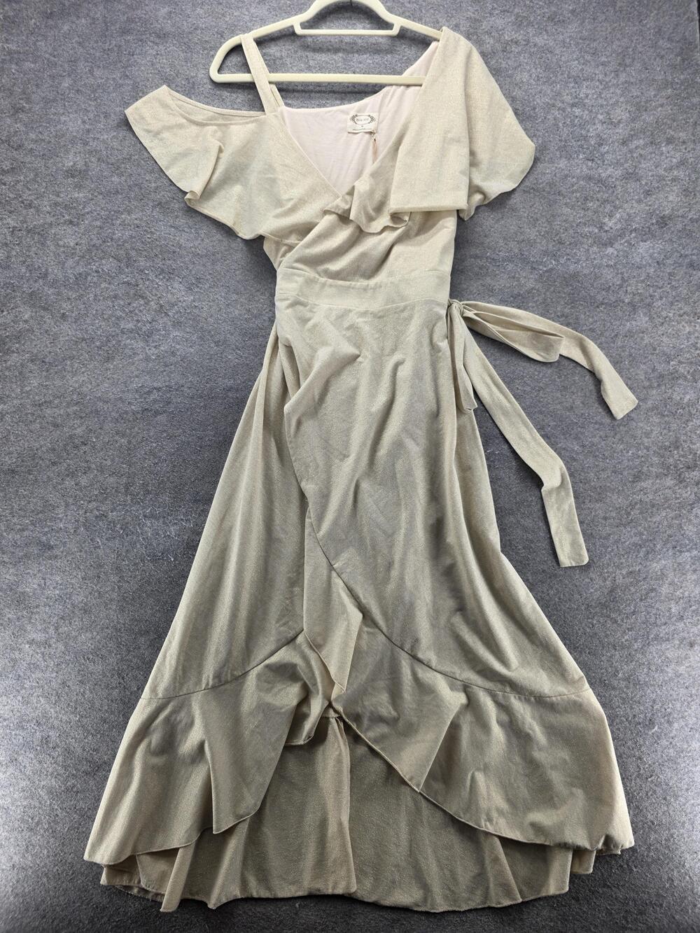 Joyfolie mia JOY Dress Womens Medium Gold Nejalie Ruffle Wrap Off Shoulder Midi